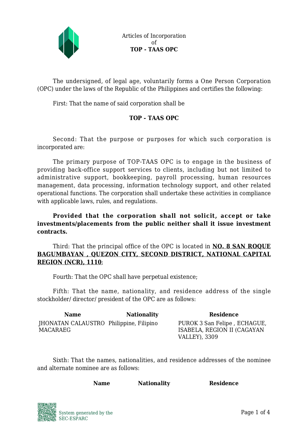 Snapshot of Articles of Incorporation - Page 1