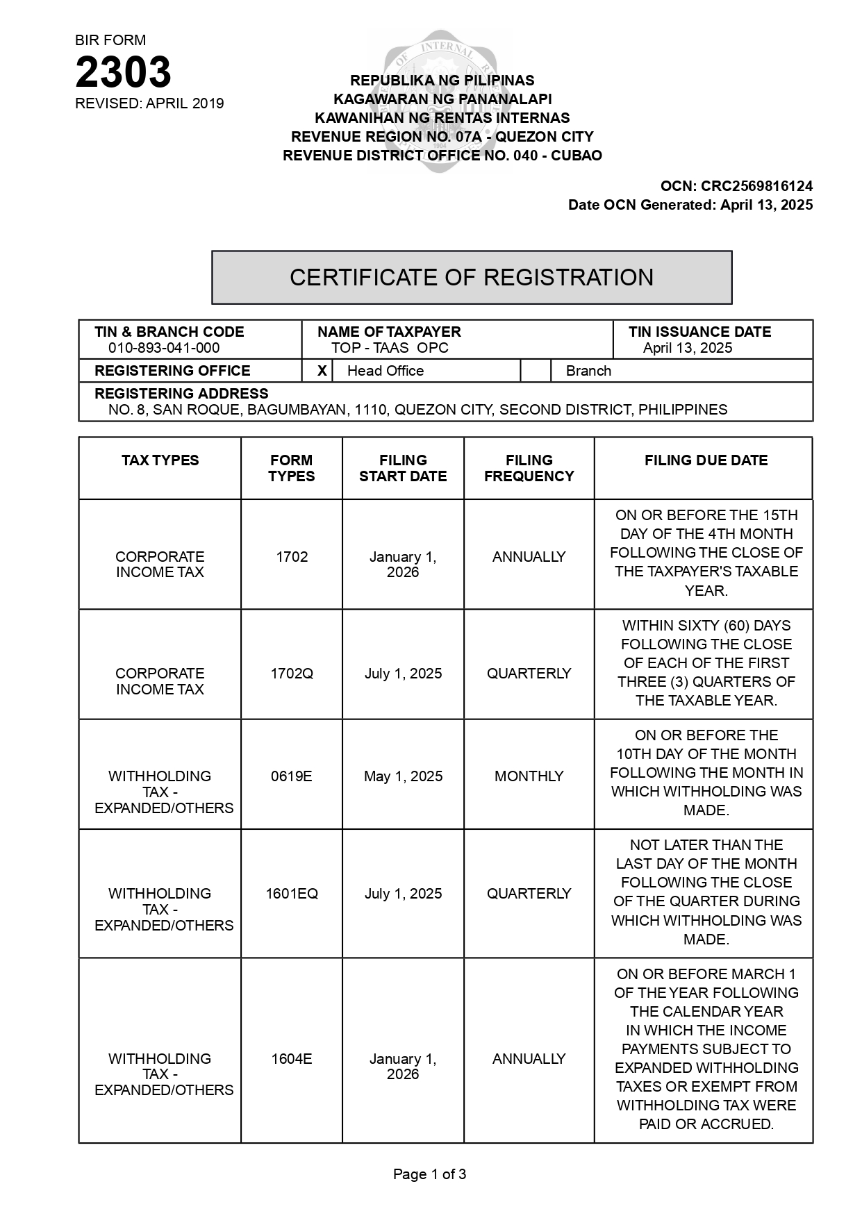 Snapshot of BIR Certificate of Registration - Page 1